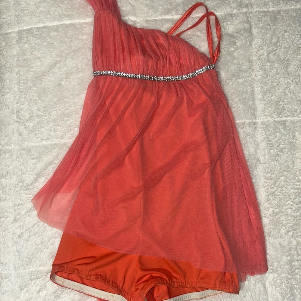 Kellé Kids Dance Costume in Coral with Silver Accents